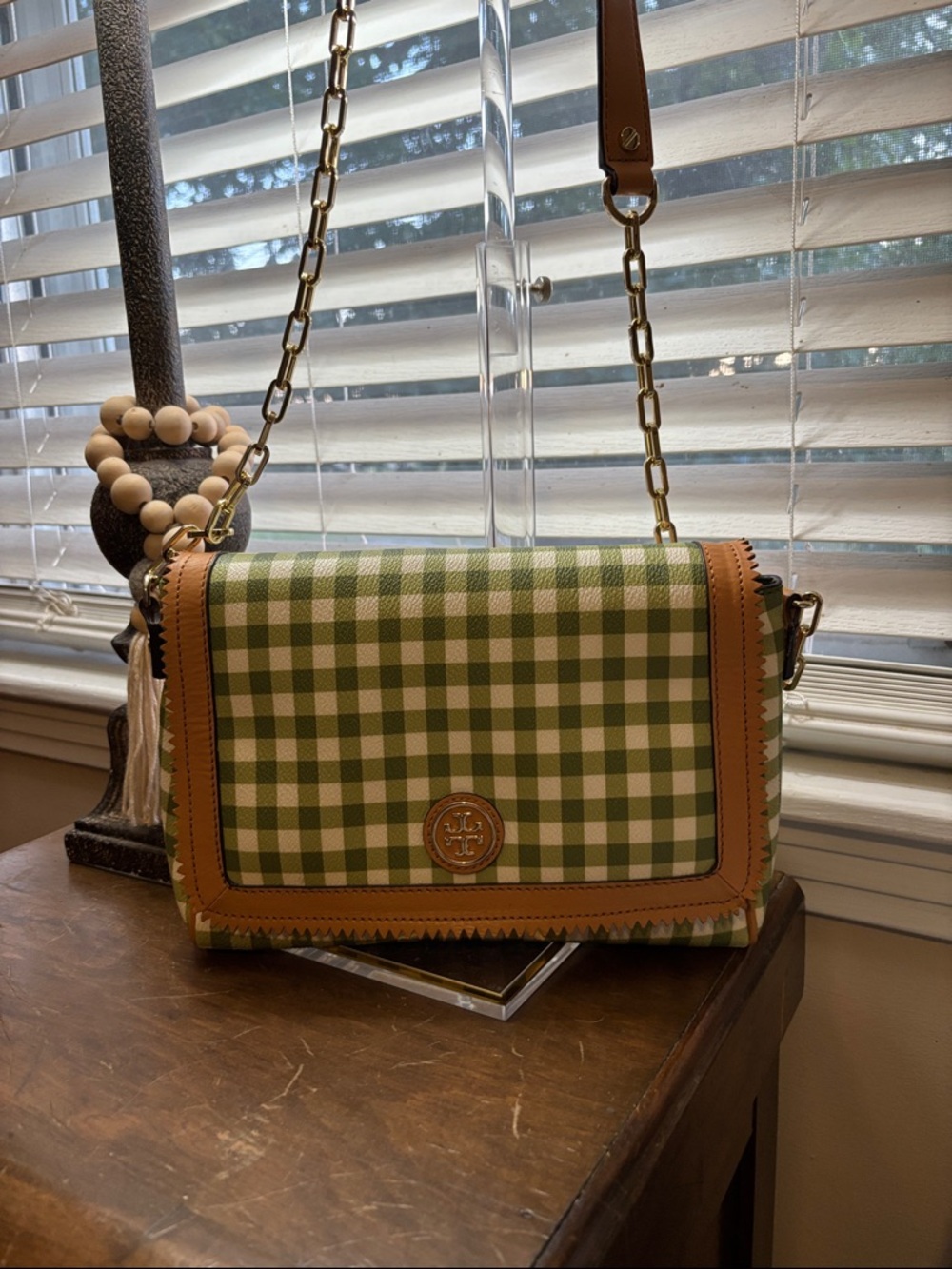 Tory Burch Green Gingham Crossbody with Tan Leather Trim